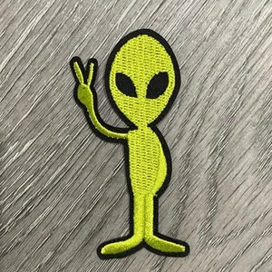 Alien Peace Sign Little Green Men Patch Embroidered Iron 3x1.5 Inch - Picture 1 of 4