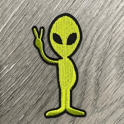Alien Peace Sign Little Green Men Patch Embroidered Iron 3x1.5 Inch - Image 1 of 4