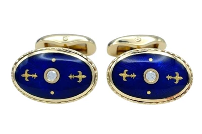 Gemelos ovalados de oro amarillo de 18 k de 0,10 quilates con diamantes esmaltados azules Fabergé joyas para hombre Foto 1 de 4