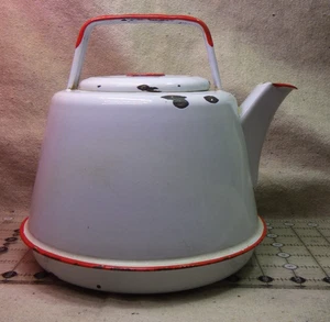vintage red white enamel stainless ware tea coffee woodstove steamer decor 8.5X8 - Picture 1 of 11