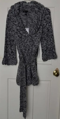 BCBG Max Azria Heathered Black Gray Belted 3/4 Cardigan L Wool Angora Blend NWT - Image 1 of 4