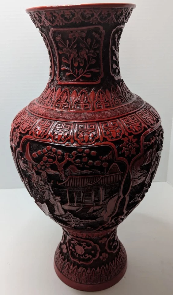 Large Chinese Style Cinnabar Lacquered Brass Top and Bottom Vase 19" Foto 1 de 4