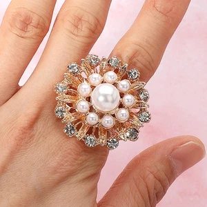 2 Stck. Perlen & Kristall Cluster Ring Set Goldfarben Blume Starburst Stretch Schmuck - Bild 1 von 4