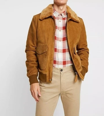 Men's Brown Bomber Jacket Real Suede Leather jacket RAF Aviator Fur Collar Coat - Image 1 of 4
