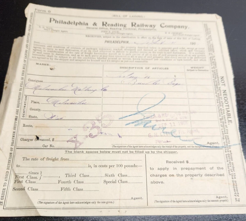 Philadelphia & Reading Railway Company Bill of Lading - Sept 1906 - Milwaukee WI - Image 1 of 4