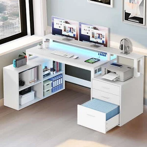 Dextrus 65" L Shaped Desk with Power Outlets and Monitor Stand , Computer Desk - Picture 1 of 10