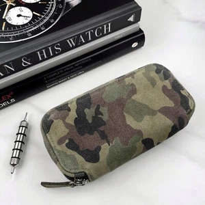 Green Camo Camouflage Italian Suede Leather Luxury Watch Zip Case Travel Pouch - Picture 1 of 5