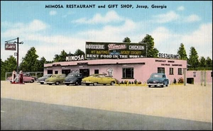 Mimose Restaurant Souvenirladen Atlantik Tankstelle Jesup GA Georgia Leinen Postkarte - Bild 1 von 2