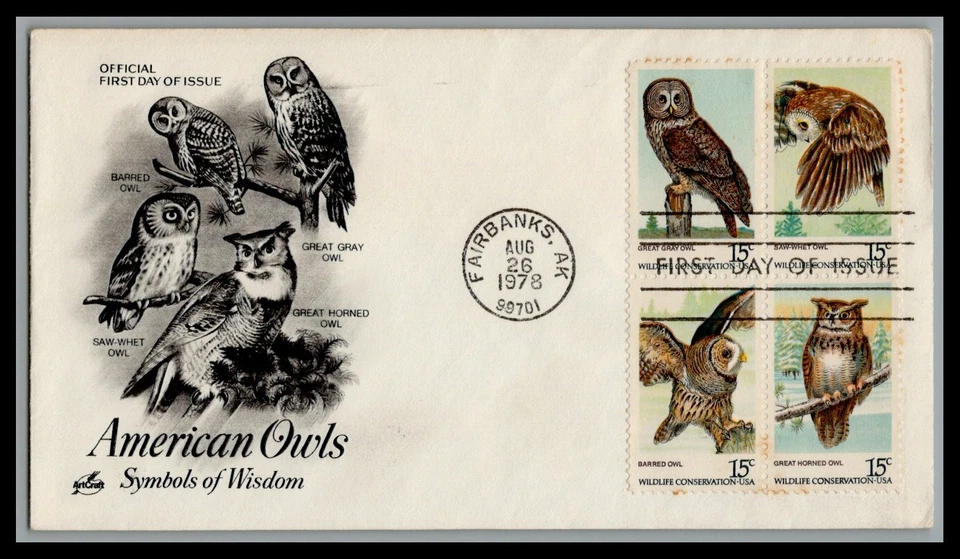 US FDC # 1760-1763 15c Owls block ArtCraft S.Cancel 1978, 9c757 - Image 1 of 1