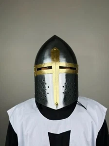 Tempelritter Helm Heilig Messing Kreuz Templer Kreuzritter Helm mit Umhang - Bild 1 von 3