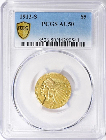 1913-S $5 Indian Head Gold Half Eagle PCGS AU50 Cover