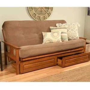 Futon Bed Set - Full Sz Solid Wood Futon w/Cotton Mattress & Storage - Light Brn - Picture 1 of 8