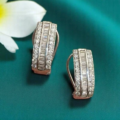 1.84 Cts Round Baguette Shape Natural Diamonds Three-Row Stud Earrings 14K Gold - Image 1 of 4