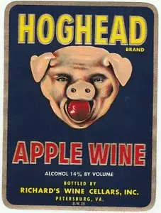 Vintage Bottle Label HOGHEAD APPLE WINE Richard's Wine Cellars Petersburg, Va. - Picture 1 of 1