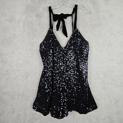 Sexy Mameluco de Lentejuelas Free People S Correa de Terciopelo Azul Cuello en V Bolsillo Corte Nochevieja Fiesta Foto 1 de 4