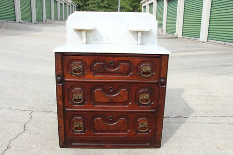 Walnut Victorian Three Drawer Marble Top Bachelor’s Chest Dresser Washstand Cover