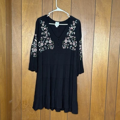 Blue Rain Dress Women L Black Embroidered Floral Boho Cottagecore Fairy Festival - Image 1 of 4