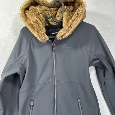 Chaqueta softshell Marmot para mujer mediana larga cremallera completa gris capucha de piel exterior M Foto 1 de 4