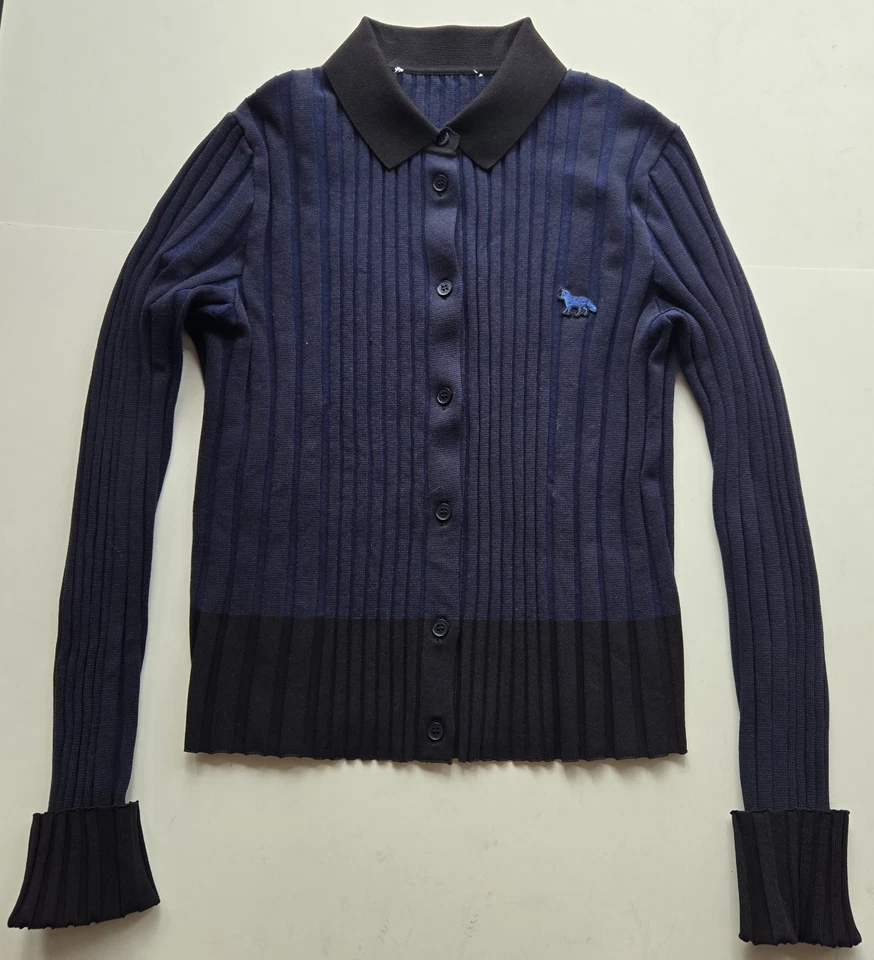 Maison Kitsune 蓝色和黑色条纹罗纹棉质开衫带刺绣狐狸 — 第 1/4 张图片