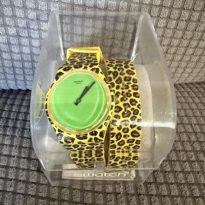 Nuevo Reloj Jeremy Scott Swatch Amarillo Estampado Leopardo Punk Envolvente Alrededor GZ251 Foto 1 de 4