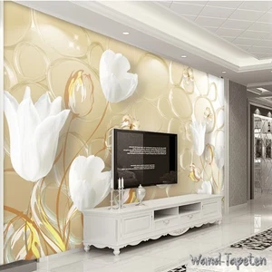 Vlies Fototapete Wandtapete Wandbilder 3D Weißen Tulpen und Schmetterlingen 4111 - Bild 1 von 3