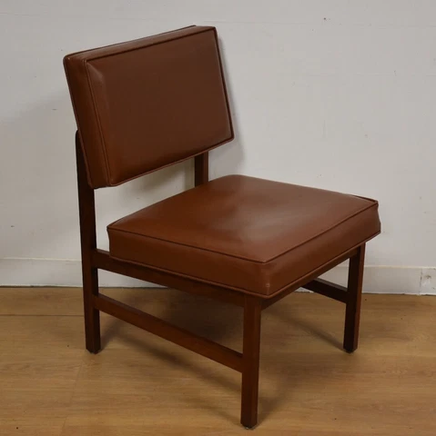 Walnut and Brown Vinyl Slipper Lounge Chair Mid Century Knoll Style Cover