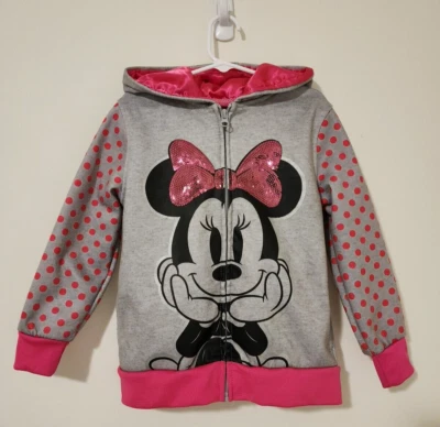 Moletom com capuz Disney meninas Minnie Mouse zíper completo com orelhas cinza rosa pontos lantejoulas tamanho 5 - Imagem 1 de 4