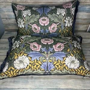 William Morris Kissen Blau Antik Blumen Überwurf Fransen Deko - Bild 1 von 8