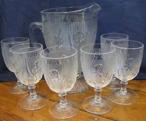 6 bicchieri vintage taglio chiaro stelo con stelo brocca - Foto 1 di 3