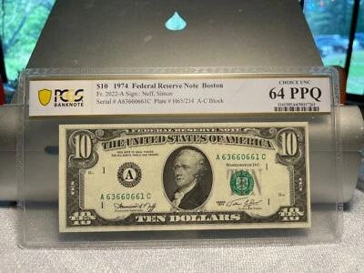 (#101452) 1974 $10 Boston.  AC block. FR 2022 (1 of 2 sequential) PCGS 64 PPQ - Image 1 of 2