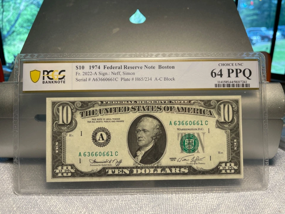 (#101452) 1974 $10 Boston.  AC block. FR 2022 (1 of 2 sequential) PCGS 64 PPQ - Image 1 of 2
