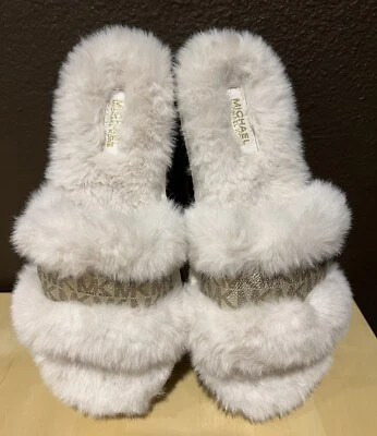 Michael Kors Cream Faux Fur Gold MK Logo Monogram Slides Slippers Sandals Size 8 - Image 1 of 4