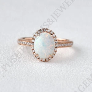 925 Sterling Silver 8x6 mm Oval Shape Natural Opal Ring Cubic Zirconia Halo Ring - Picture 1 of 7