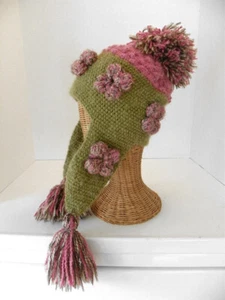 Sweet Turns Beanie Slouchy Knit Pom Poms Ear Flaps Neck Tie Hat Cap - Picture 1 of 9