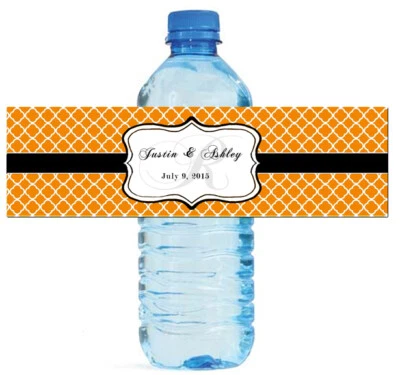 100 etiquetas de botella de agua de boda con monograma naranja mandarina compromiso nupcial 8"x2 Foto 1 de 4