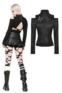 Dark In Love Women Black Gothic Punk Back Cutout Pentagram Distressed Tops Shirt - Picture 1 of 20