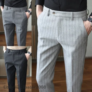 Para hombre Estilo Británico Mezcla de Lana Traje Pantalones a Rayas Negocios Informales Pantalones Retro - Imagen 1 de 20
