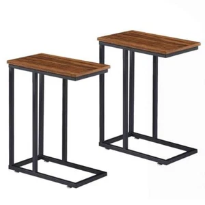 VECELO End+Side Table 24"H Wood Rectangle C-Shaped w/ Metal Frame Brown set of 2 - Picture 1 of 6