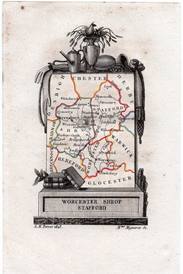 1823 A. M. Perrot Antique Map, Worcestershire, Shropshire, Staffordshire - Image 1 of 1