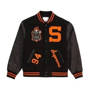 Chaqueta universitaria unisex clásica de lana y cuero a presión de calce callejero para hombre - Imagen 1 de 5