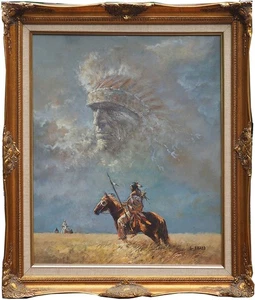 Indianer Mann auf Pferd Häuptling am Himmel Vintage Gemälde Gerald Bogard - Bild 1 von 4