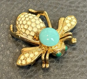 Vintage Biene Insekt Anstecknadel Brosche Anhänger goldfarben Emaille türkis 80er Stil schwer klobig - Bild 1 von 7