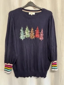 -797 Next Sz XL 20/22 Navy Fine Knit Rainbow Sequin Trees Xmas Jumper - Picture 1 of 4