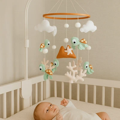 Tortuga Bebé Móvil Fieltro Neutro Guardería Cuna Haing Océano Mar Baby Shower Regalo Foto 1 de 4