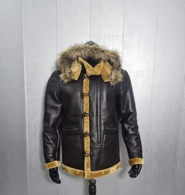 Men’s Sheepskin Leather Jacket with Faux Shearling Lining Hooded Winter Coat Fur — 第 1/4 张图片