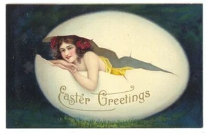 EASTER GREETINGS Beautiful Sexy WOMAN in Yellow Hatches From EGG ca1909 Postcard - Picture 1 of 2