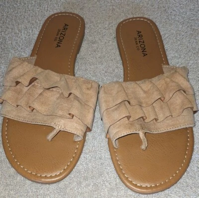 WOMEN'S ARIZONA SLIDE ON RUFFLE FLAT SANDALS Tan Size 6 GC - Image 1 of 4