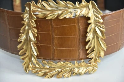 $2190 NUEVO Oscar de la Renta Hoja Dorada COCODRILO COCODRILO Camel Marrón CINTURÓN XS Foto 1 de 4
