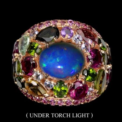 925 Anello Argento Sterling Ovale Fuoco Opale Ametista Tanzanite Gemma Gioielli - Immagine 1 di 4