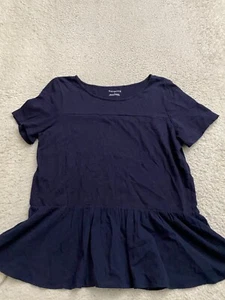 Talbots Women Short Sleeve Cotton Crew Neck Pleated Blouse Navy Size L - Picture 1 of 6